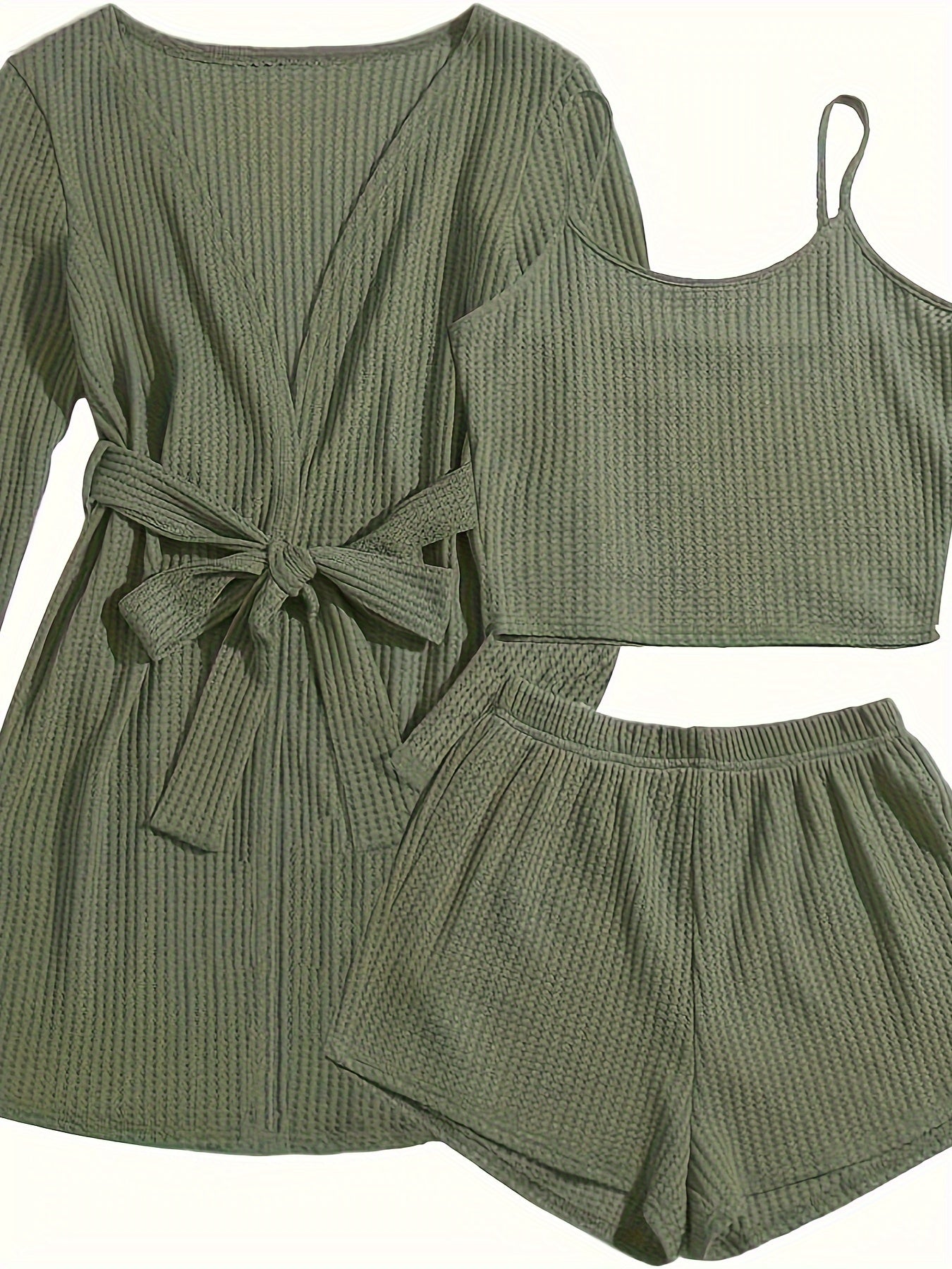Women's Casual Solid Waffle Lounge Set, Long Sleeve Robe With Belt & Round Neck Backless Crop Cami Top & Shorts, Comfortable Relaxed Fit, Summer Home Wear